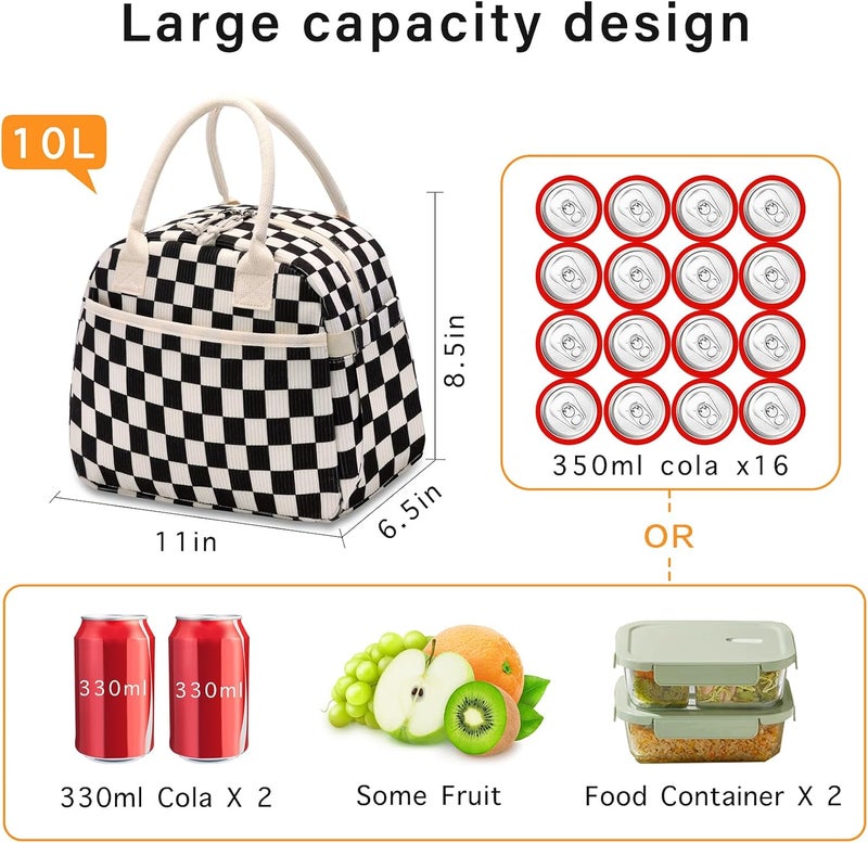 Carry bloom Lunch Box for Women, Insulated Lunch Bag Cute Corduroy Lunchbag Reusable Lunchbox for Work (checkered black white) - Image 2